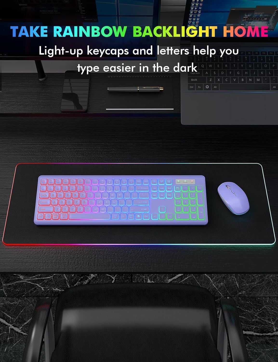 Wireless Keyboard and Mouse Combo, RGB Backlit, Rechargeable & Light Up Letters, Full-Size, Soft Typing, Sleep Mode, 2.4GHz Quiet Keyboard Set for Mac, Windows, Laptop, PC, Trueque (Purple)