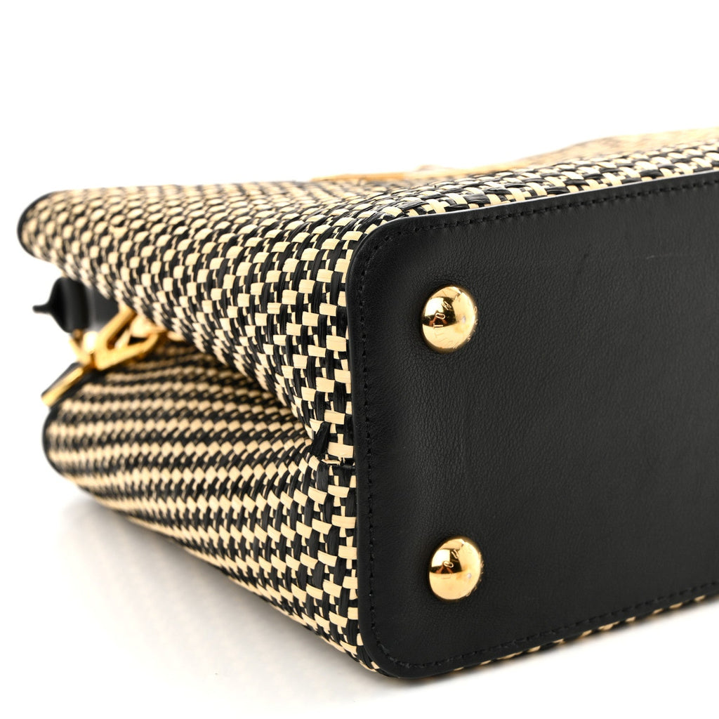Raffia Calfskin Capucines MM Black Ecru