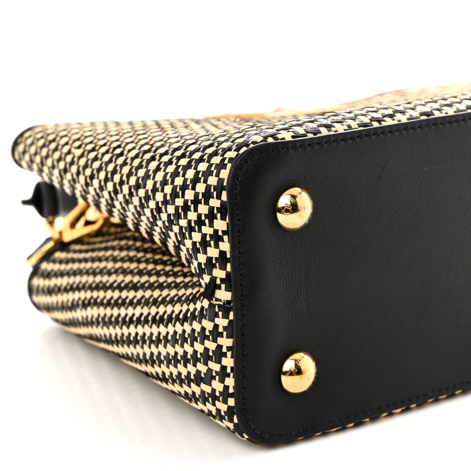 Raffia Calfskin Capucines MM Black Ecru