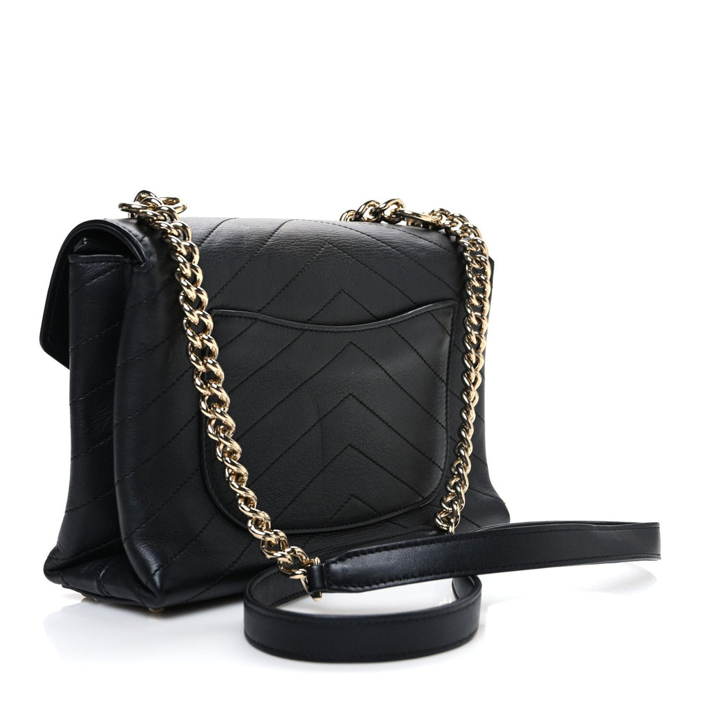 Lambskin Chevron Stitched Medium Envelope Flap Black