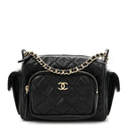 Shiny Crumpled Lambskin Quilted Small Preppy Pocket Camera Case Black