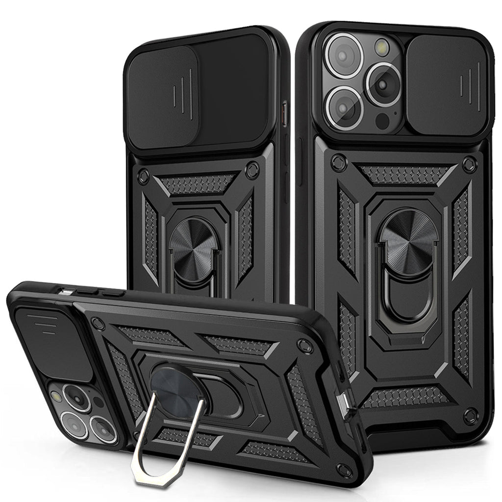 Kickstand Ring Holder & Slide Camera Cover Magnetic Car Mount For Apple Iphone 13 Pro In Black