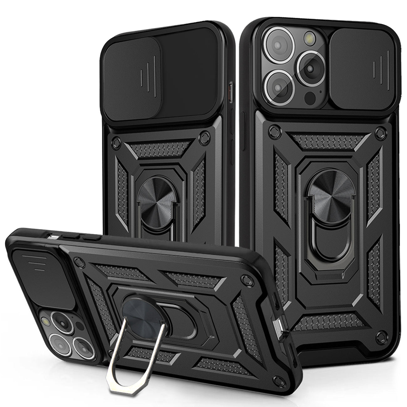 Kickstand Ring Holder & Slide Camera Cover Magnetic Car Mount For Apple Iphone 13 Pro In Black