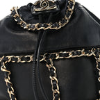 Lambskin Bucket Chain Drawstring Bag Black