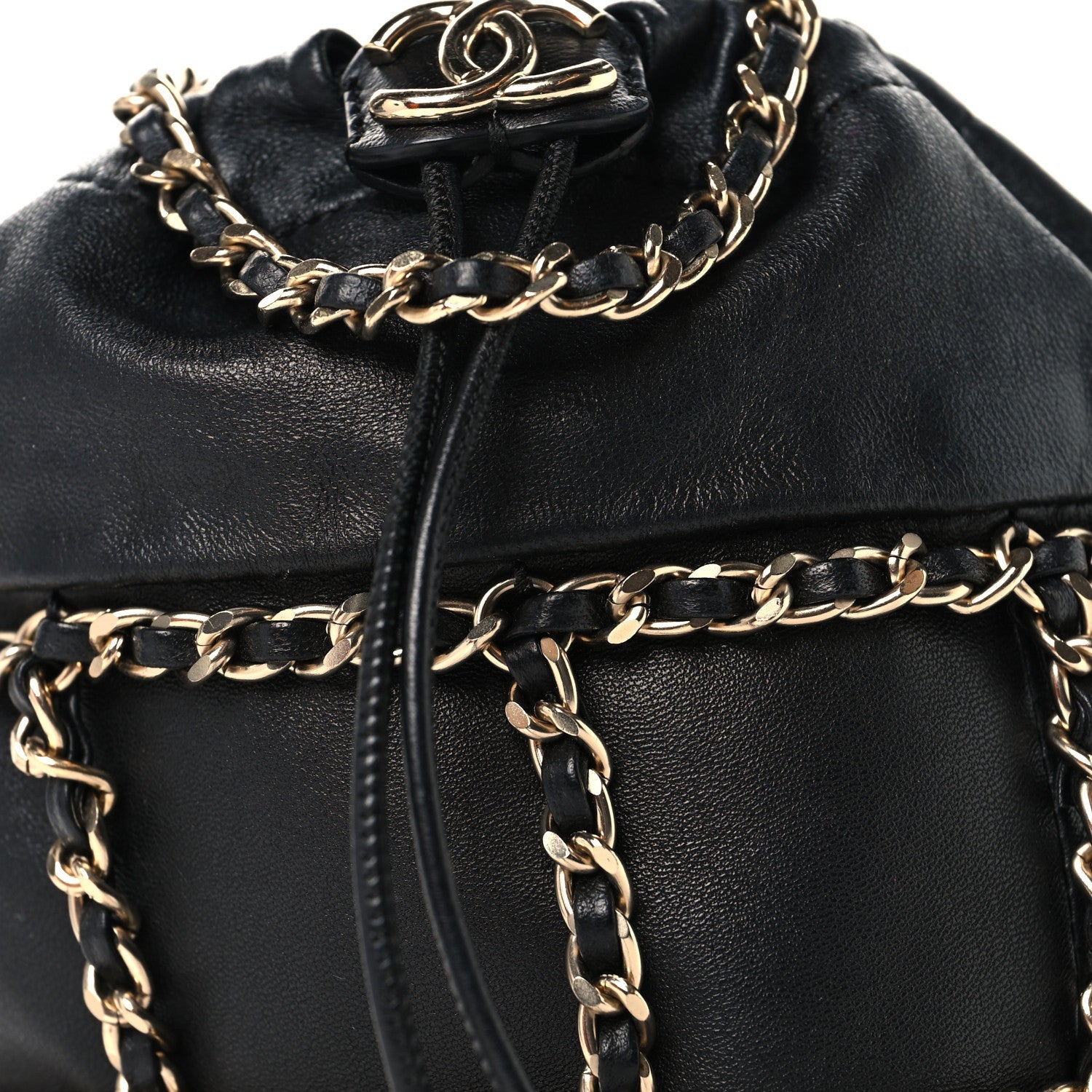 Lambskin Bucket Chain Drawstring Bag Black