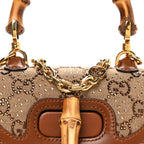 New Canvas Charisma Calfskin Crystal GG Monogram Small Bamboo 1947 Top Handle Bag Camel Ebony