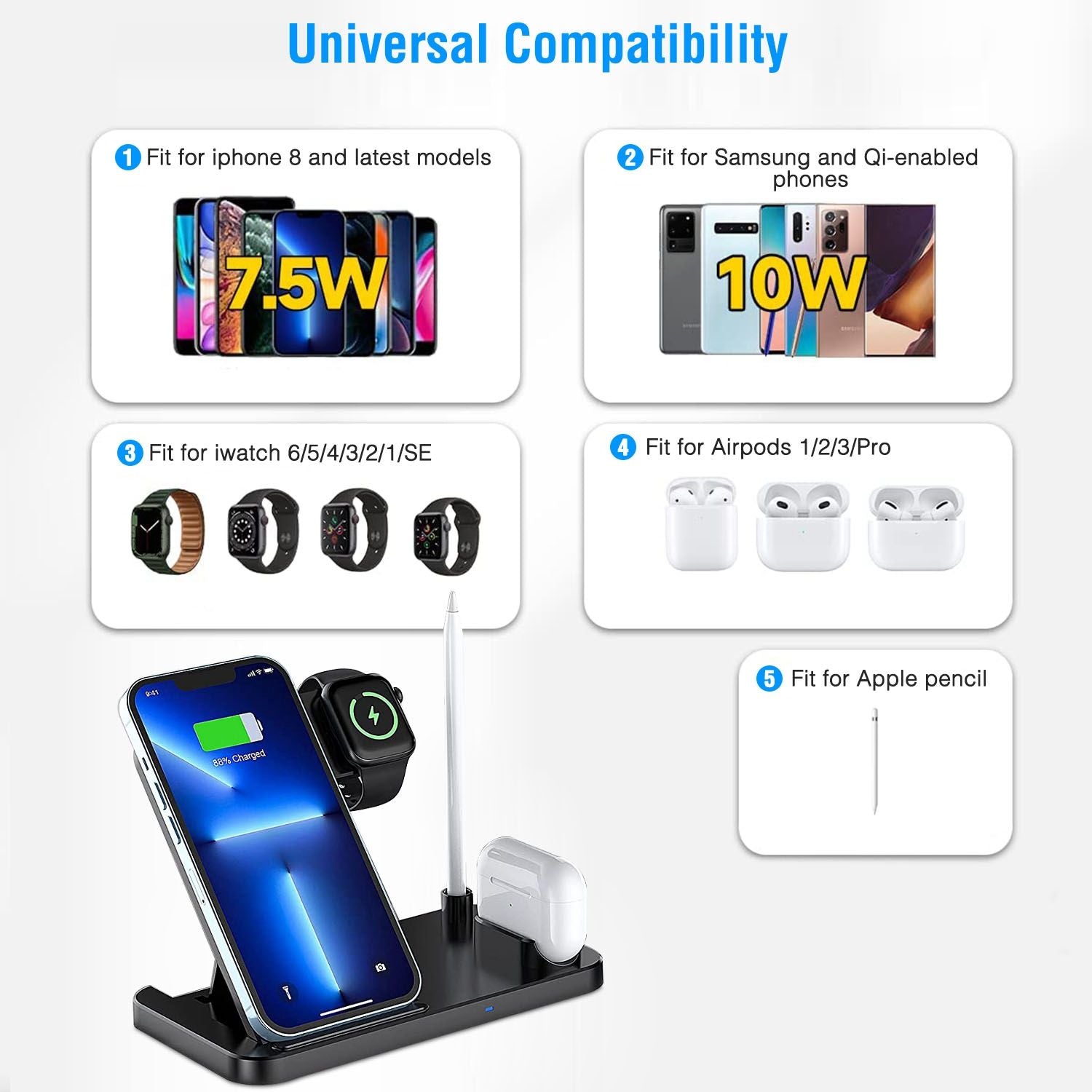 4 In 1 Wireless Charger Foldable Fast Charging Station Stand Dock Fit for iWatch Apple Pencil Airpod 1/2/3/Pro iPhone 13 12 11 Pro Samsung S22 S21 Qi-enabled Android Phone