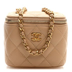 Lambskin Quilted Pearl Crush Mini Vanity Case With Chain Beige