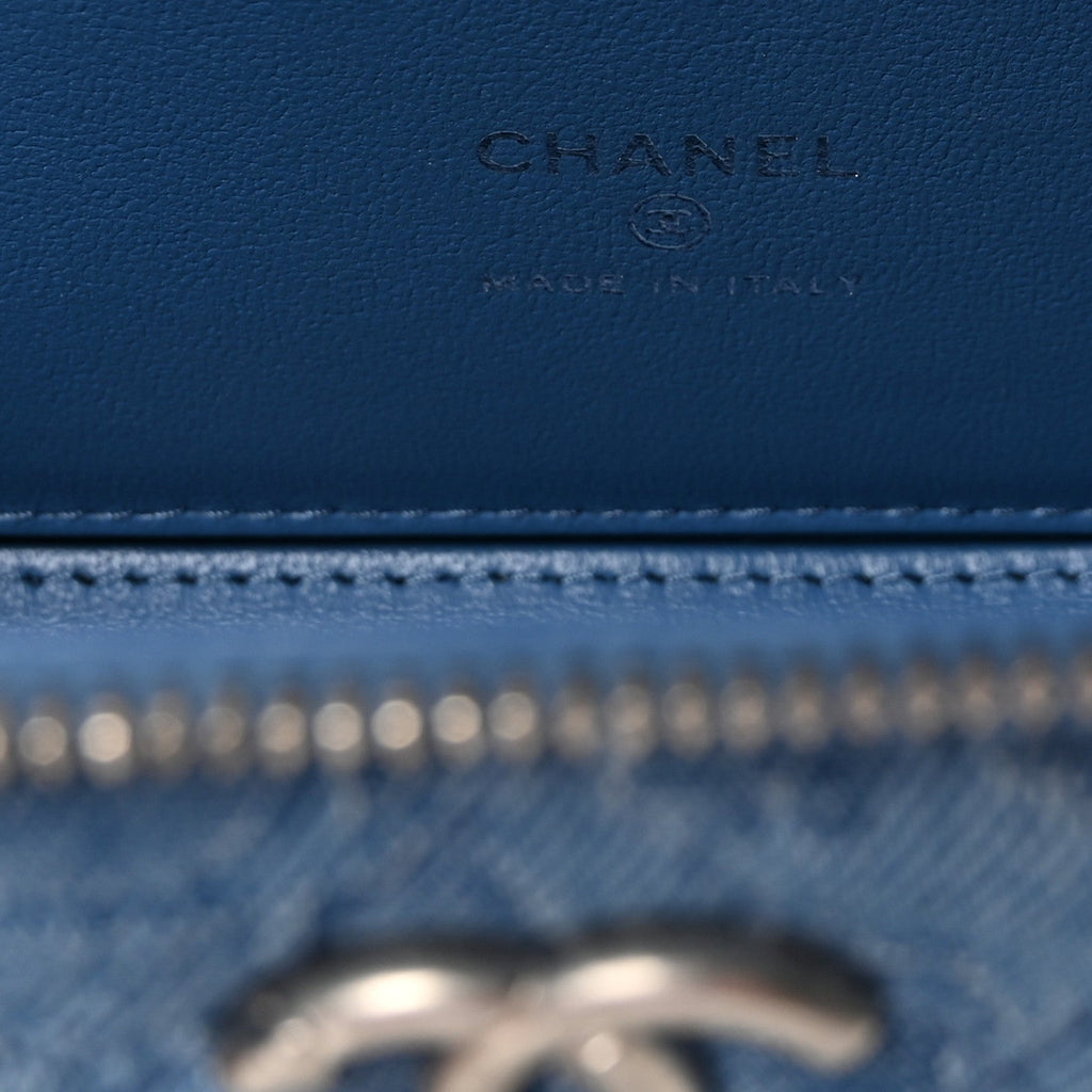 Denim Quilted Sweetheart Small Vanity Case With Chain Blue