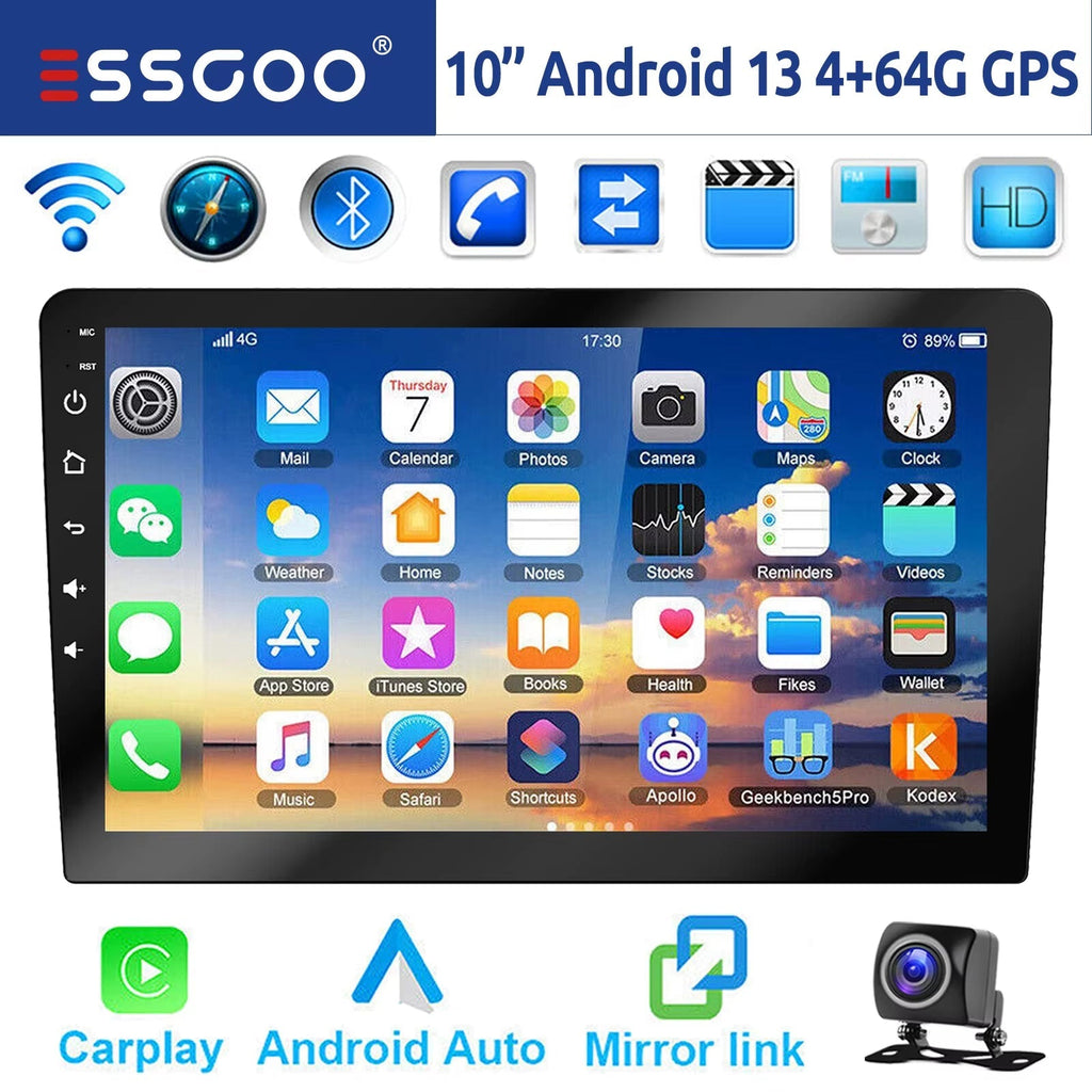 10" 2 DIN Android 14 Car Stereo, CarPlay, Android Auto, GPS Navigation, Bluetooth, FM RDS Radio, Wi-Fi, and Touchscreen Integration with Camera
