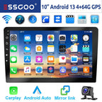 10" 2 DIN Android 14 Car Stereo, CarPlay, Android Auto, GPS Navigation, Bluetooth, FM RDS Radio, Wi-Fi, and Touchscreen Integration with Camera