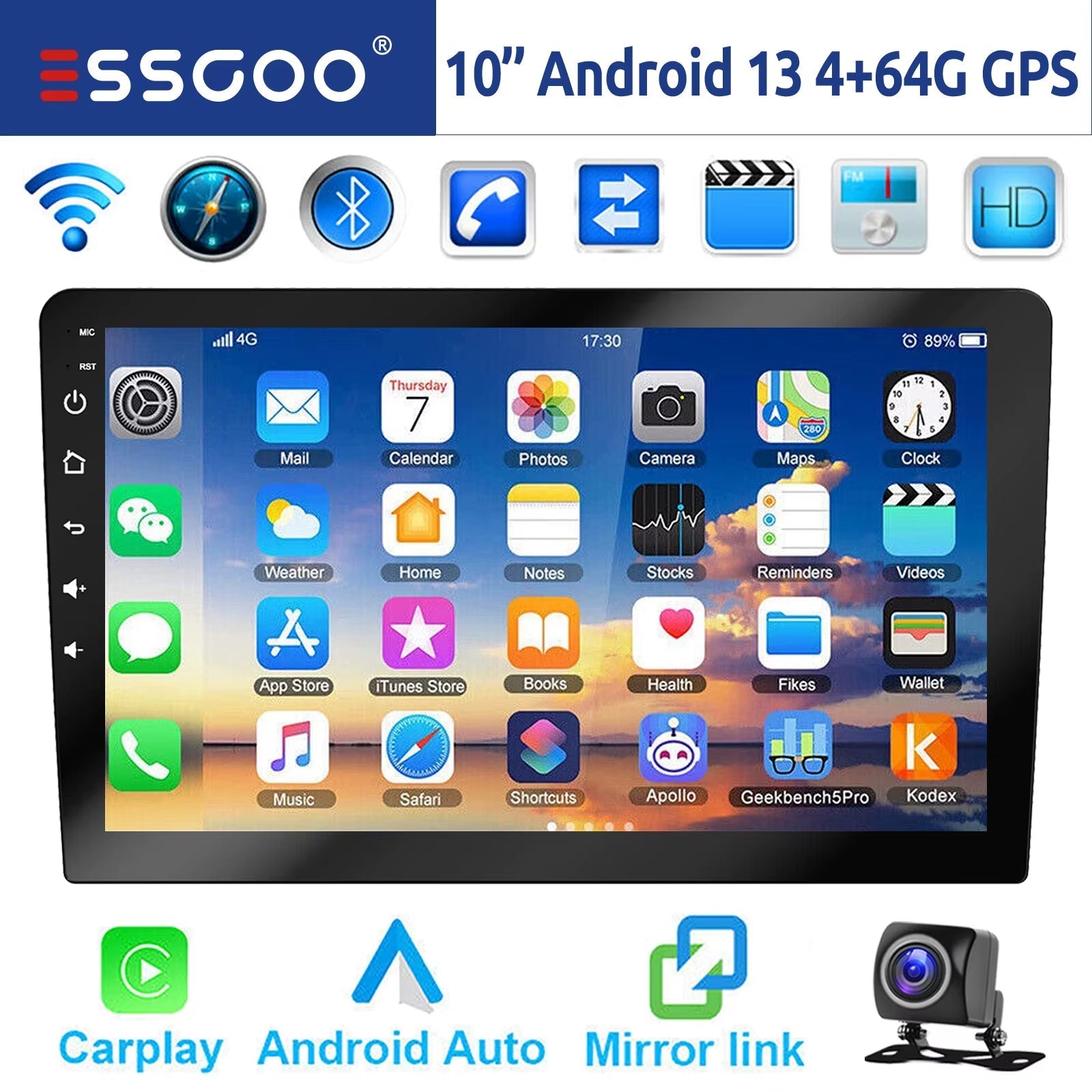 10" 2 DIN Android 14 Car Stereo, CarPlay, Android Auto, GPS Navigation, Bluetooth, FM RDS Radio, Wi-Fi, and Touchscreen Integration with Camera