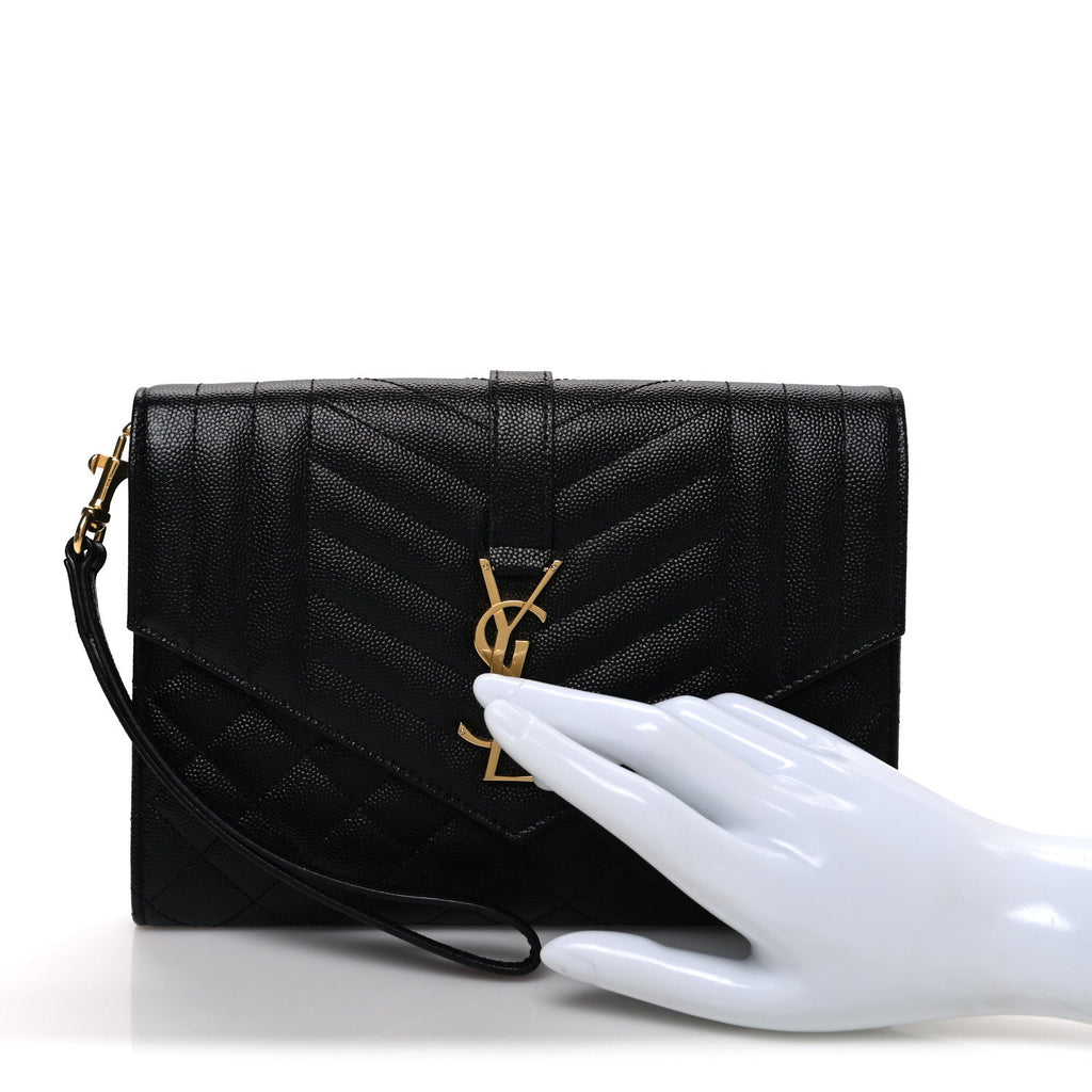 Grain De Poudre Textured Mixed Matelasse Triquilt Monogram Clutch Black