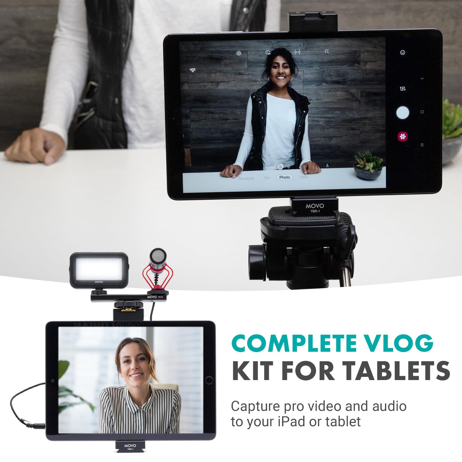 Movo Tablet Vlogging Kit for iPad with Mic, Light, Full-Size Tripod