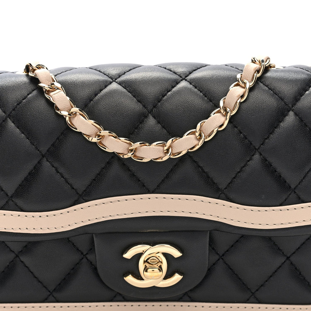 Shiny Lambskin Quilted Half Mini Flap Black Beige