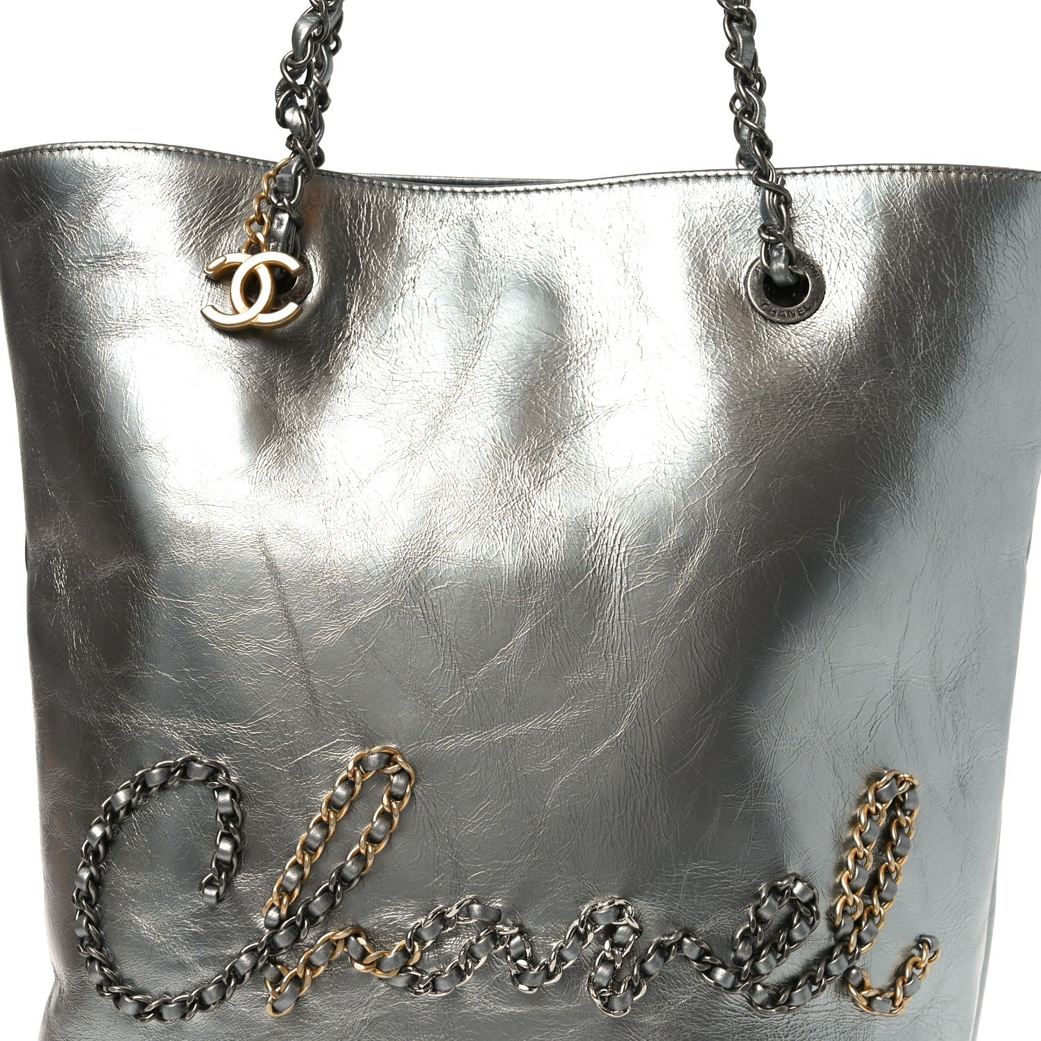 Metallic Crumpled Calfskin Chain 20s Signe Tote Silver