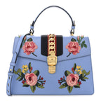 Calfskin Embroidered Medium Sylvie Top Handle Bag Clear Sky Blue
