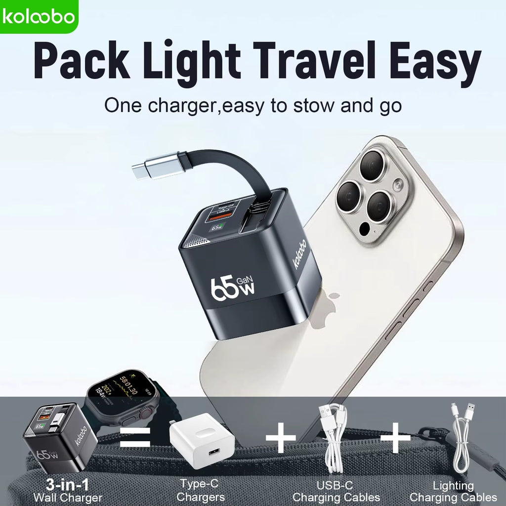65W GaN Fast Charger with Three Ports and Integrated 80cm Retractable Type-C Cable for iPhone 16/15/14/13 Pro Max, Xiaomi, and Samsung Devices