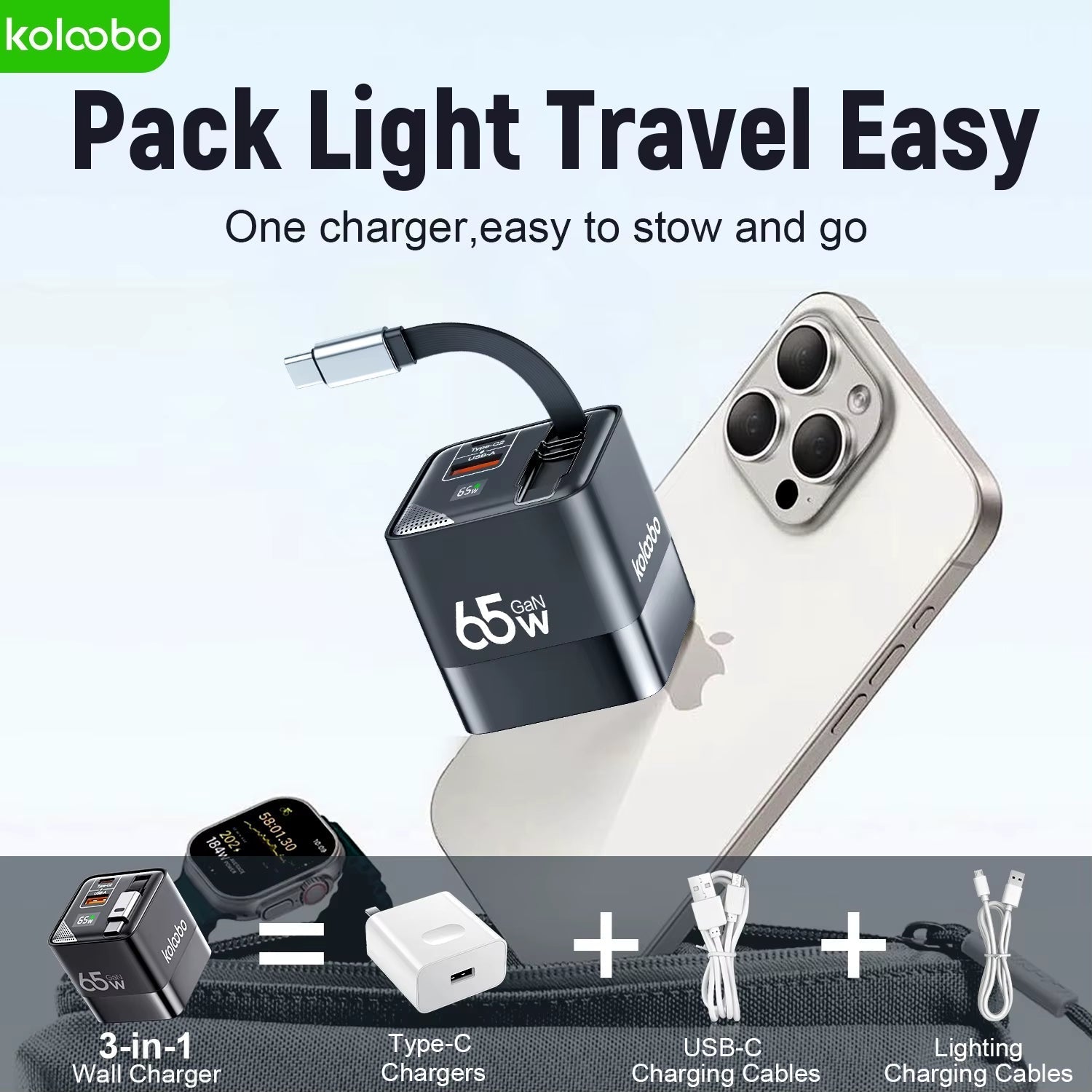 65W GaN Fast Charger with Three Ports and Integrated 80cm Retractable Type-C Cable for iPhone 16/15/14/13 Pro Max, Xiaomi, and Samsung Devices