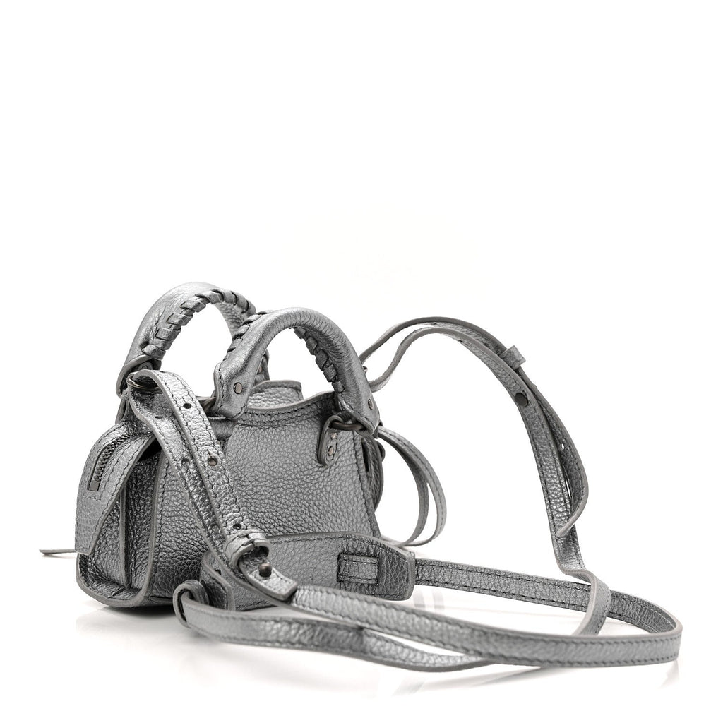 Metallic Grained Calfskin Neo Classic Hardware Super Nano City Crossbody Silver