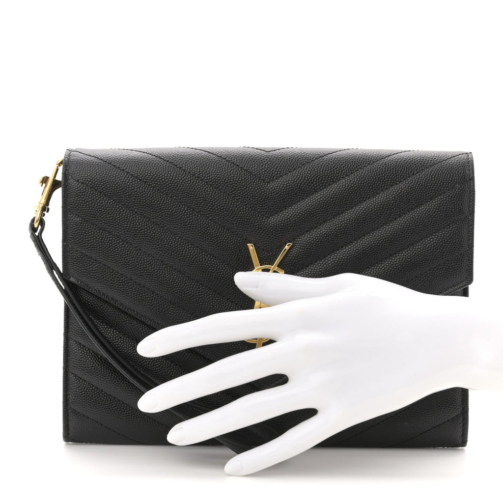Grain De Poudre Matelasse Chevron Monogram Envelope Clutch Black