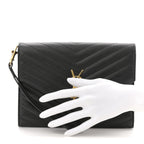 Grain De Poudre Matelasse Chevron Monogram Envelope Clutch Black