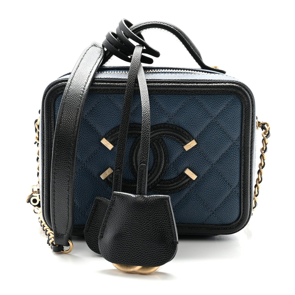 Caviar Quilted Small CC Filigree Vanity Case Navy Black