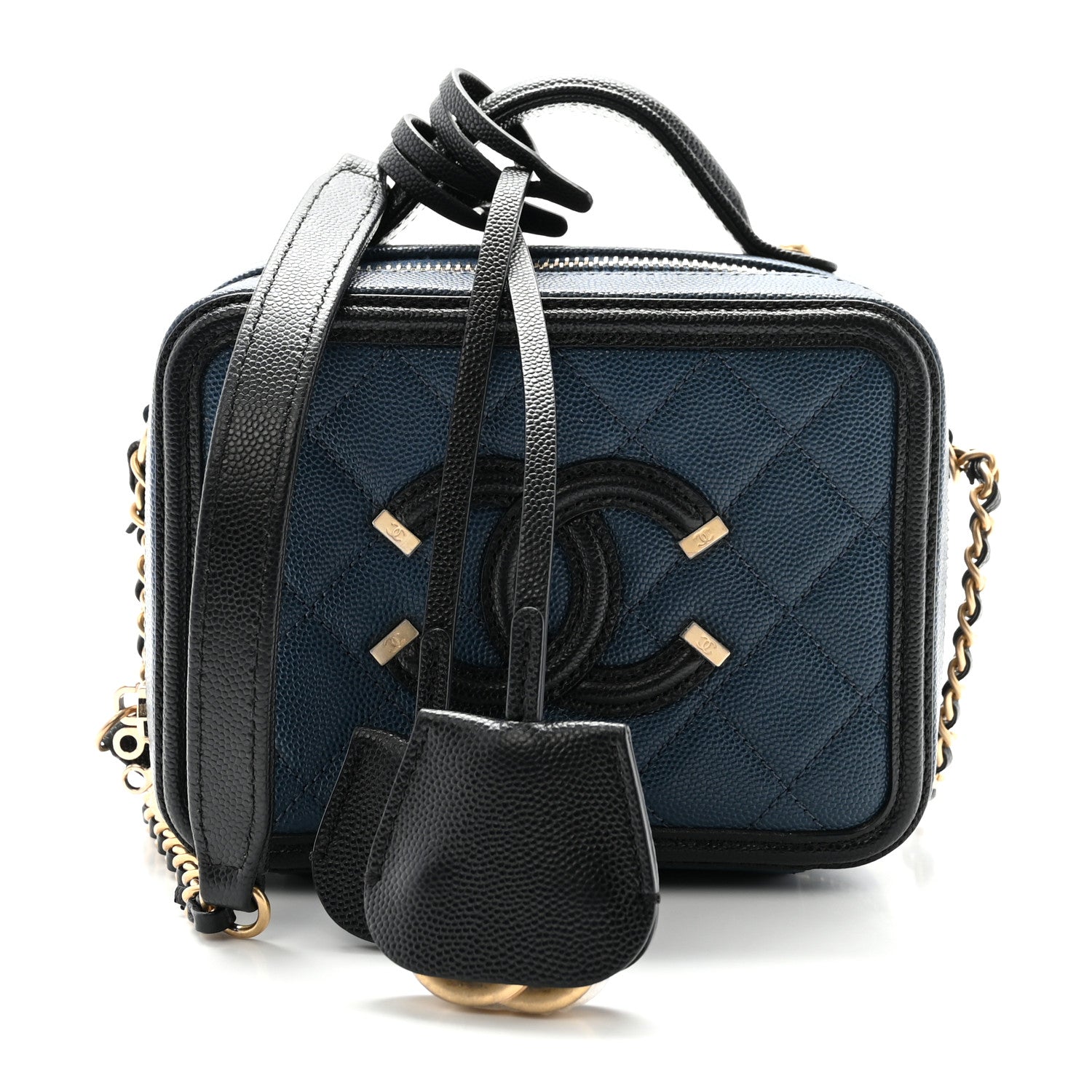 Caviar Quilted Small CC Filigree Vanity Case Navy Black