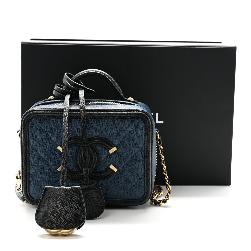 Caviar Quilted Small CC Filigree Vanity Case Navy Black