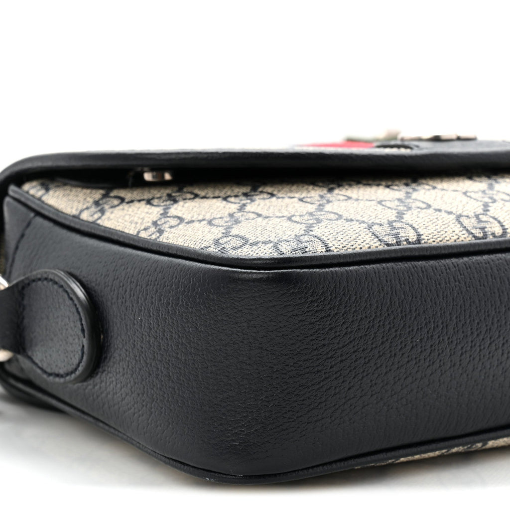 GG Supreme Monogram Textured Dollar Calfskin Web Studded Mini Ophidia Flap Shoulder Bag Beige Blue