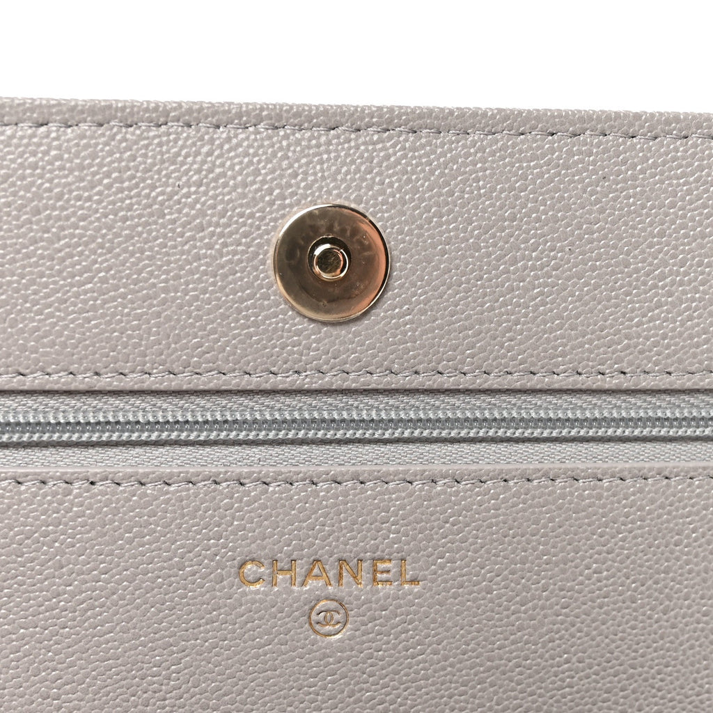 Caviar Quilted Studded CC Wallet On Chain WOC Grey