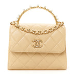 Lambskin Quilted Pearl Top Handle Flap With Chain Beige