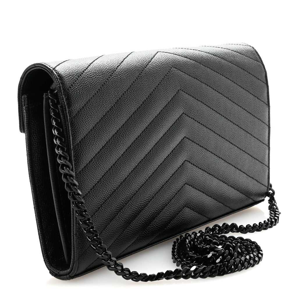 Grain De Poudre Matelasse Chevron Monogram Monochrome Chain Wallet Black