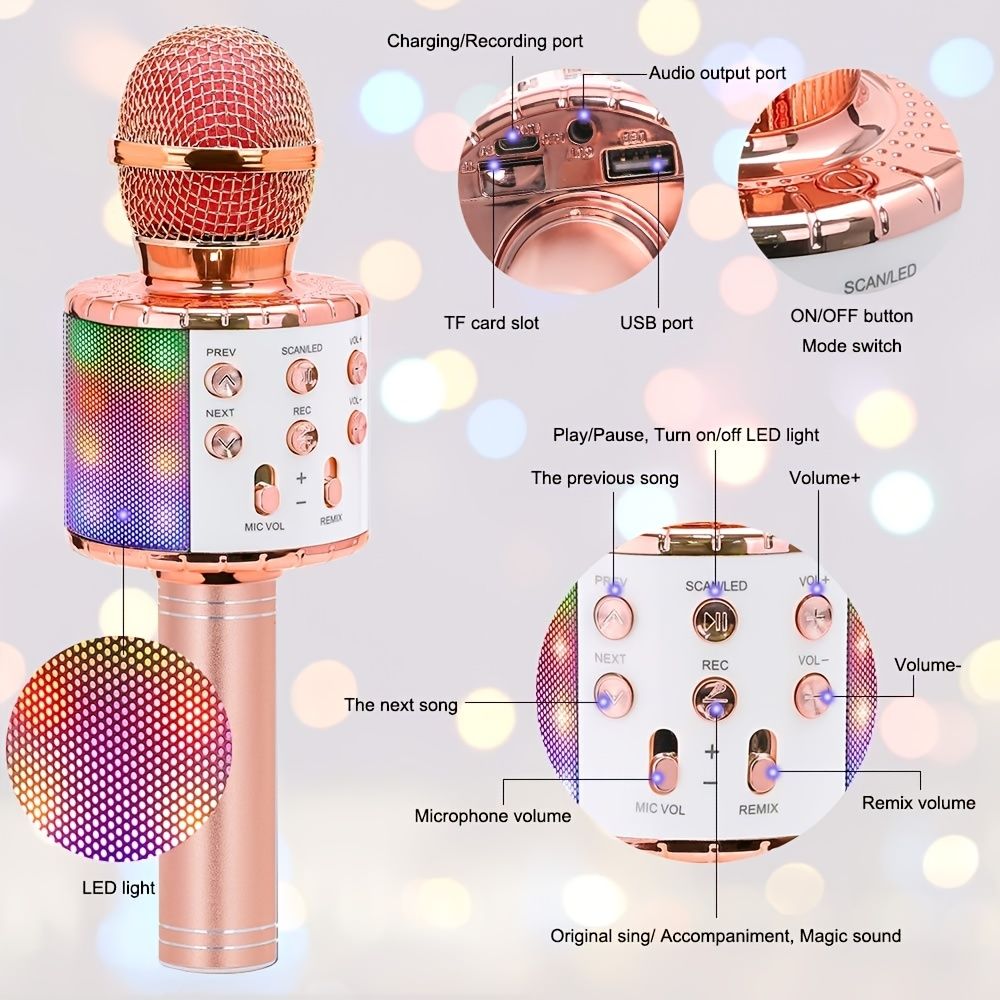 Wireless Karaoke Microphone BT Handheld Portable Speaker Home KTV Player With Dancing LED Lights Record Function For Kids