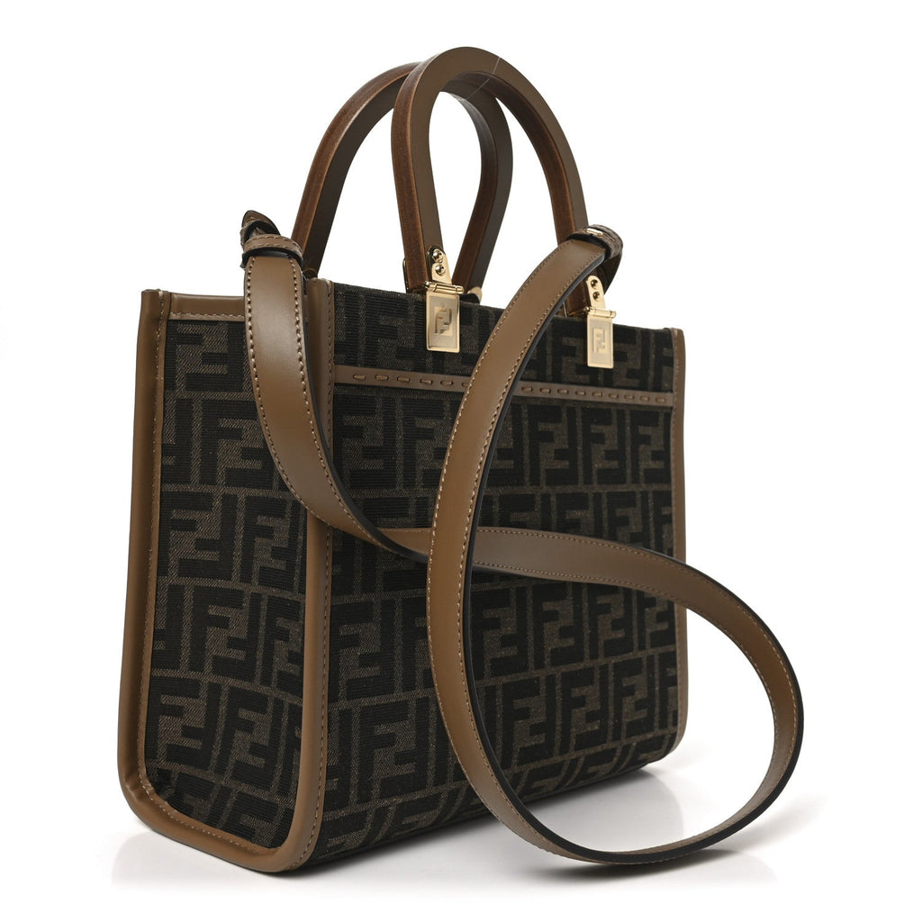 Fabric Jacquard FF 1974 Logo Small Fendi Sunshine Shopper Tote Tobacco Moro Sand