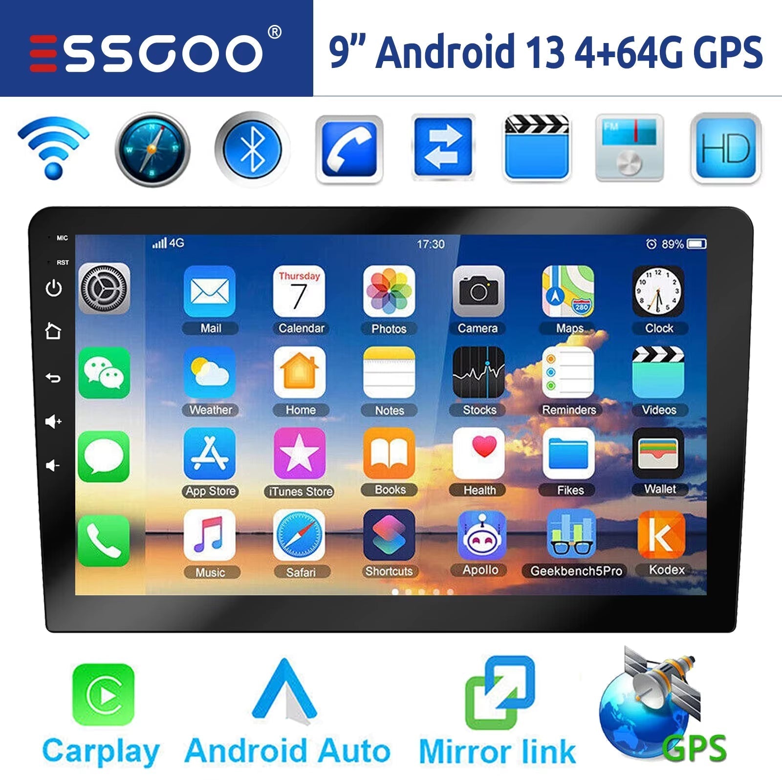 9" 2 DIN Android 14 Car Stereo with 4GB RAM and 64GB Storage, CarPlay, Android Auto, GPS Navigation, Bluetooth, FM RDS Radio, Wi-Fi, and Touchscreen Integration