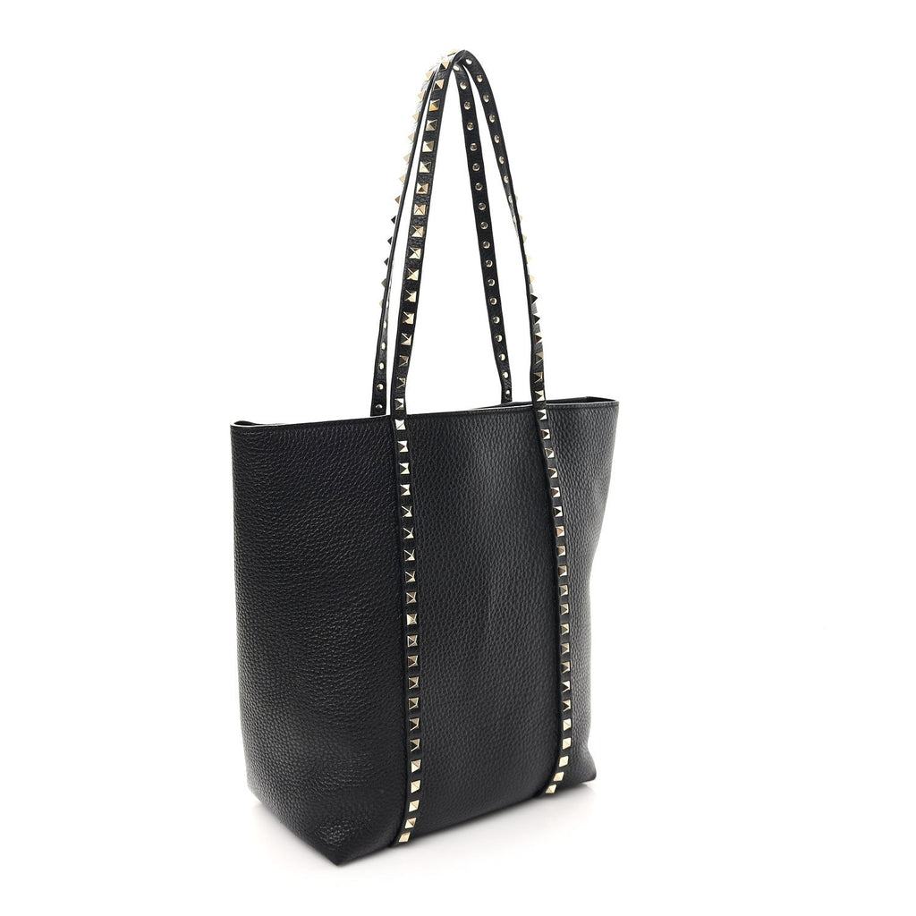 Grained Calfskin North South Rockstud Tote Black