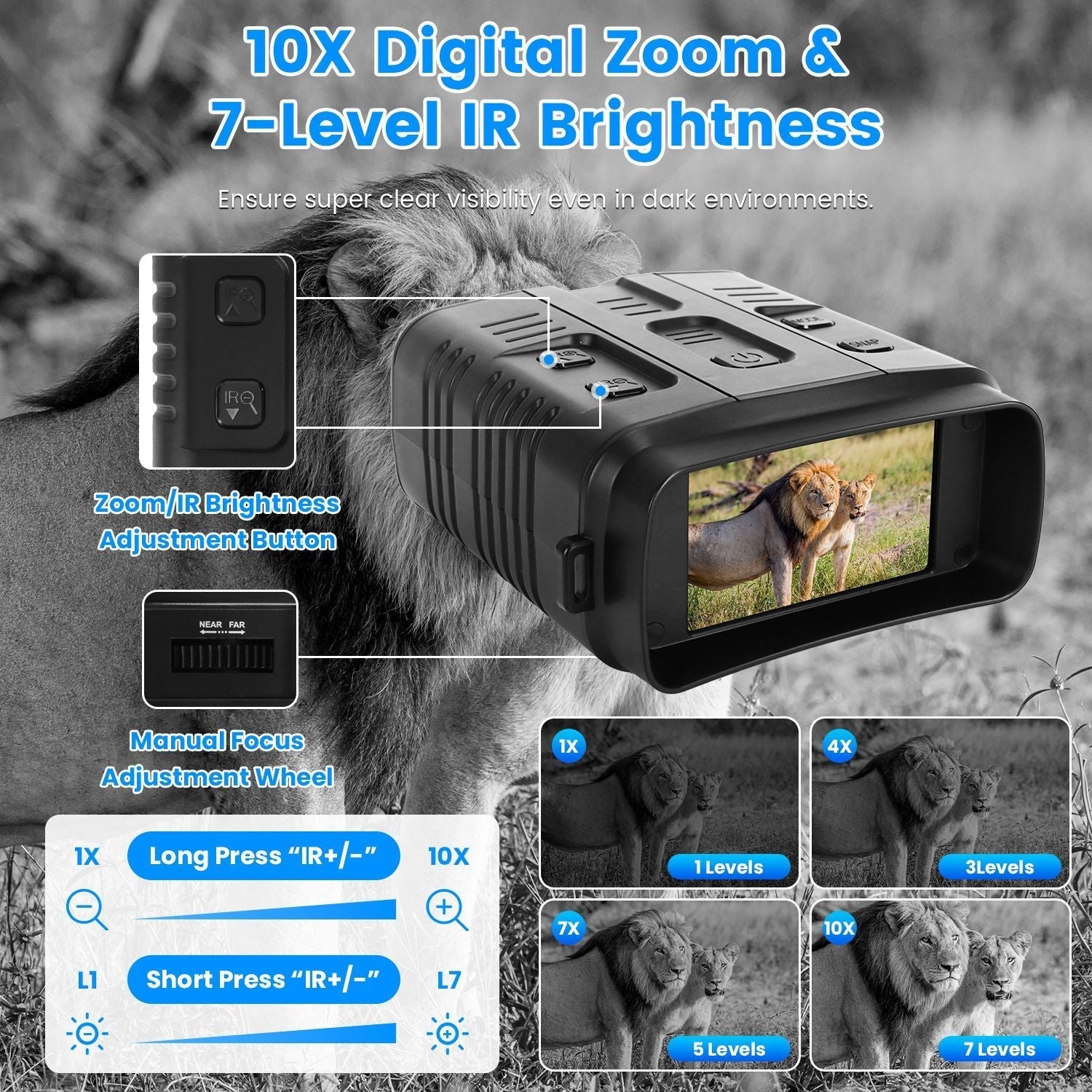 Night Vision Goggles 4K Full-Color Binoculars 10X Zoom with 2624ft Viewing Range 3'' Screen 64G MMC Card WIFI APP Control Save Photo and Video for Camping Hunting & Security GPCT5411