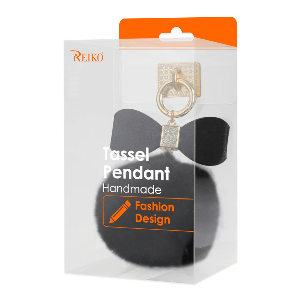 Reiko Phone Holder/ Finger Loop Grip With Rhinestone Soft Puffy Fur Ball In Black