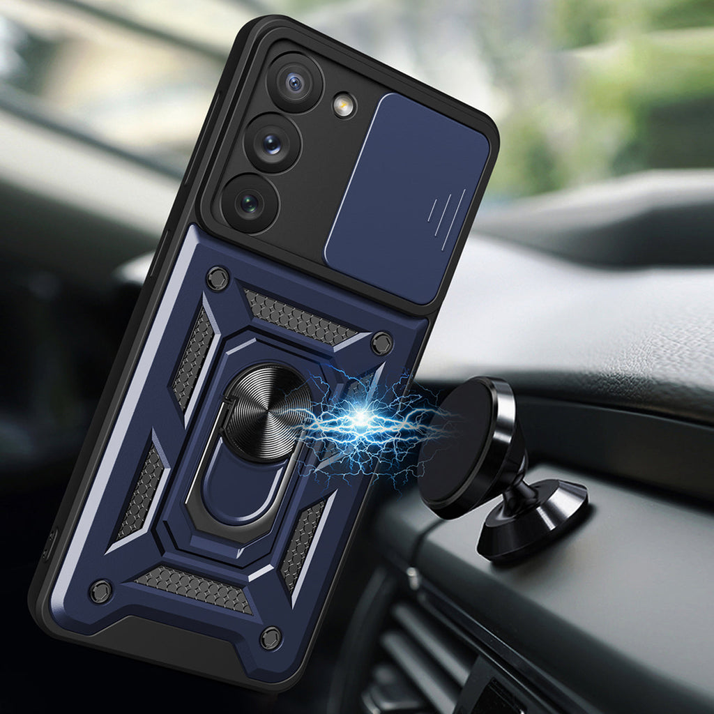 Kickstand Ring Holder With Slide Camera Cover Tpu Magnetic Car Mount For Galaxy S23  Plus In Blue