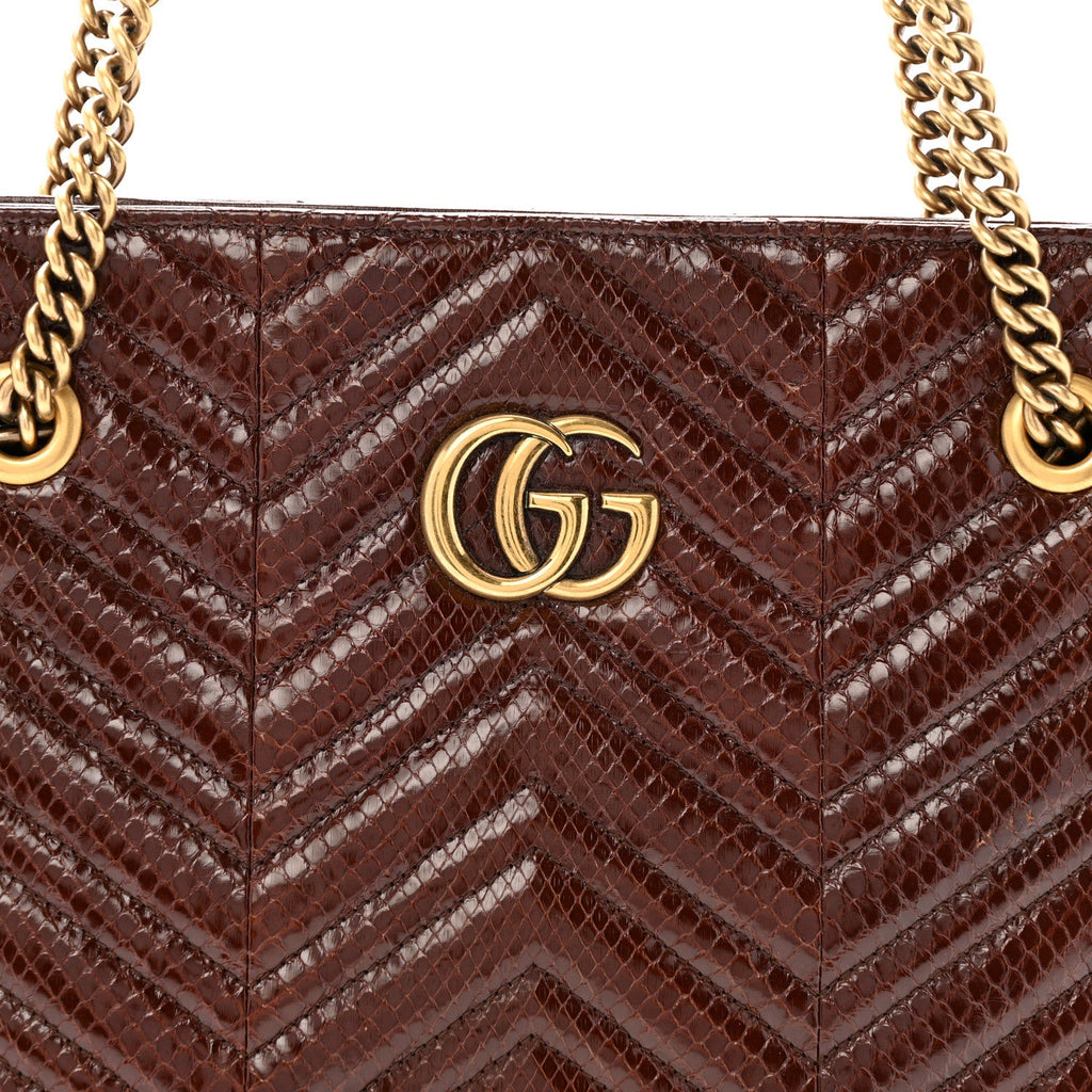 Snakeskin Matelasse Medium GG Marmont Slim Tote Brown