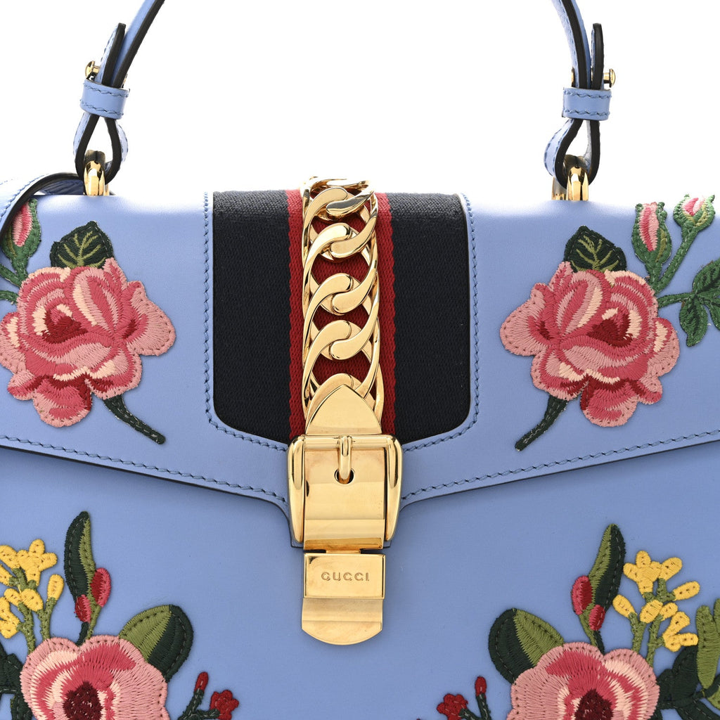 Calfskin Embroidered Medium Sylvie Top Handle Bag Clear Sky Blue