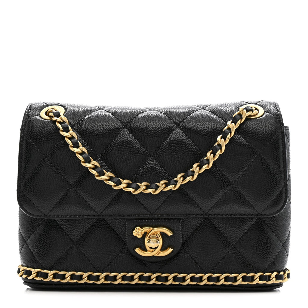 Caviar Quilted Camellia Chain Around Flap Black