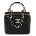Lambskin Quilted Top Handle Mini Vanity Case With Chain Black Pink