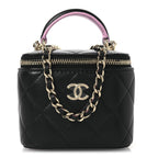 Lambskin Quilted Top Handle Mini Vanity Case With Chain Black Pink