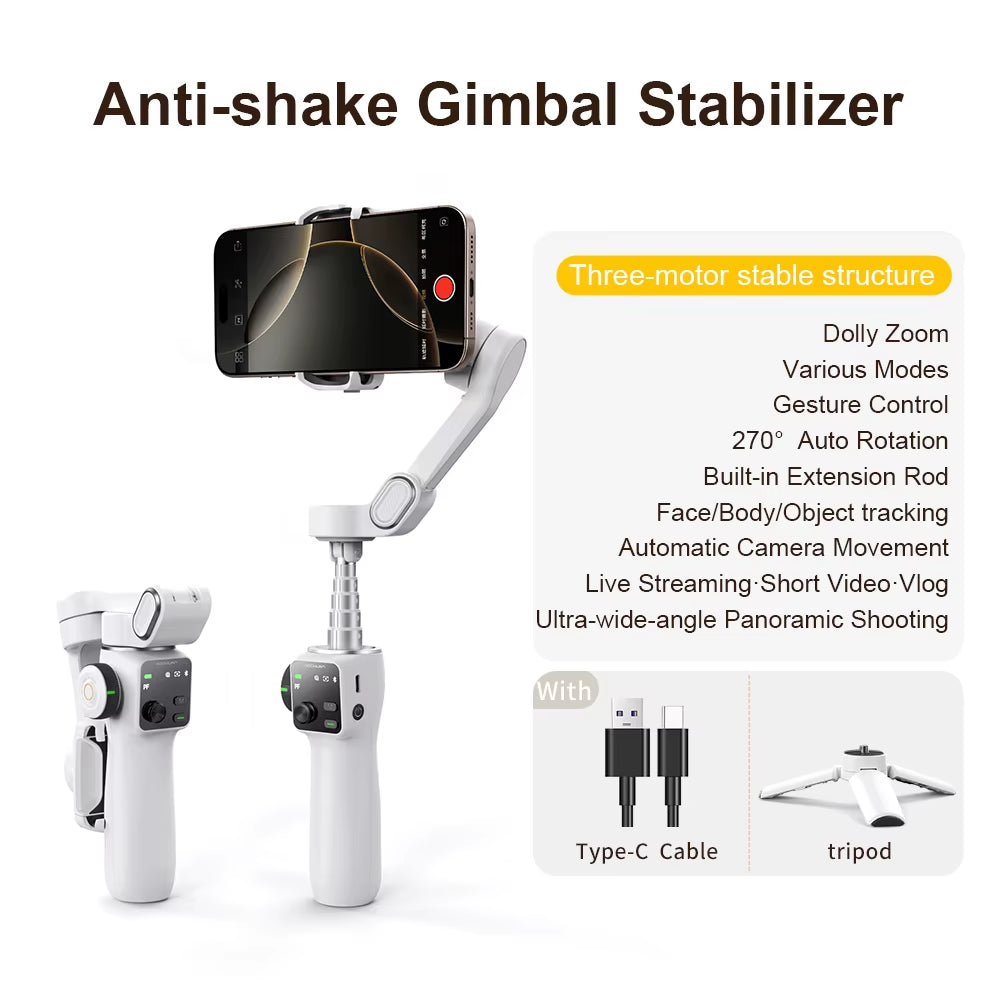 Smart V8 3-Axis Handheld Gimbal Stabilizer with Extension Rod and Tripod for Face Tracking - Compatible with iPhone, Android with Light