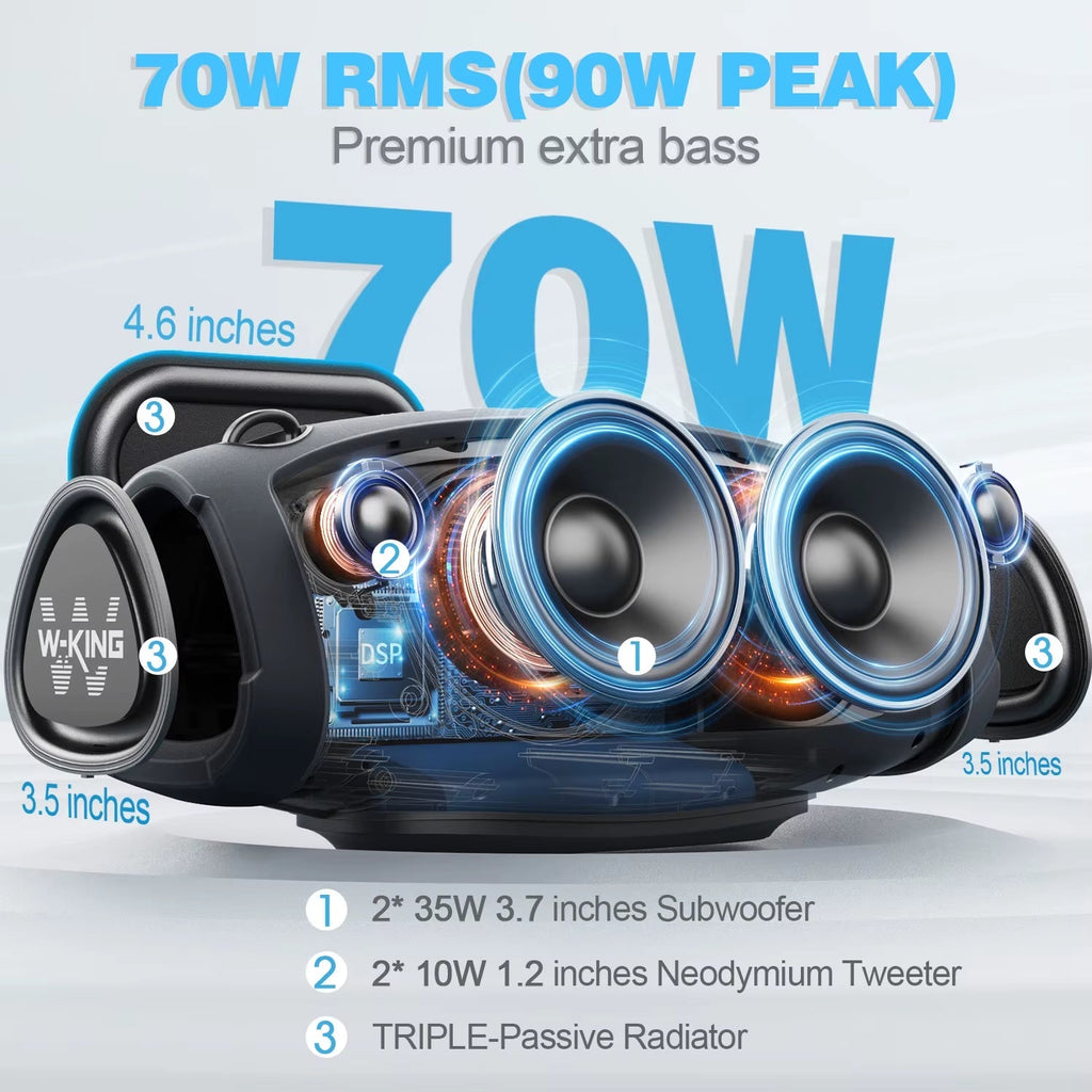 70W Portable Bluetooth Speakers with 120W Peak Power and Wireless Microphone, Waterproof for Outdoor Use