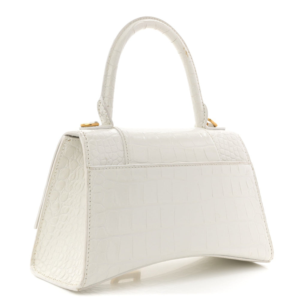 Calfskin Crocodile Embossed Small Hourglass Top Handle Bag White