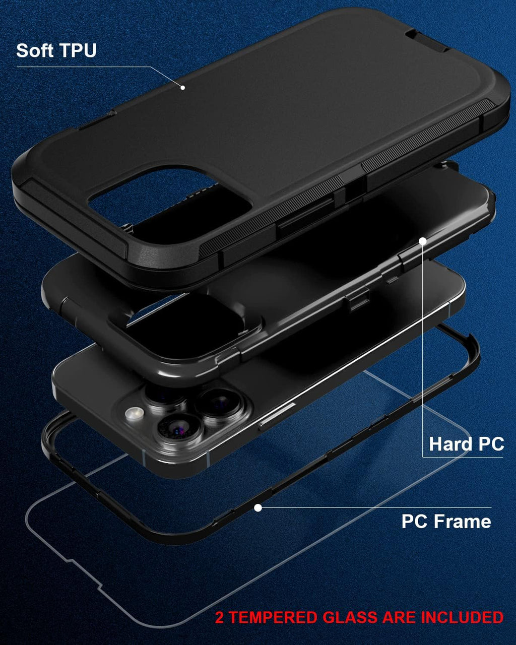 Entronix Bundle Compatible with iPhone 14 Pro Max - Heavy Duty Case & 2 Clear Screen Protectors