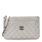 Metallic Lambskin Quilted Clutch With Chain Silver